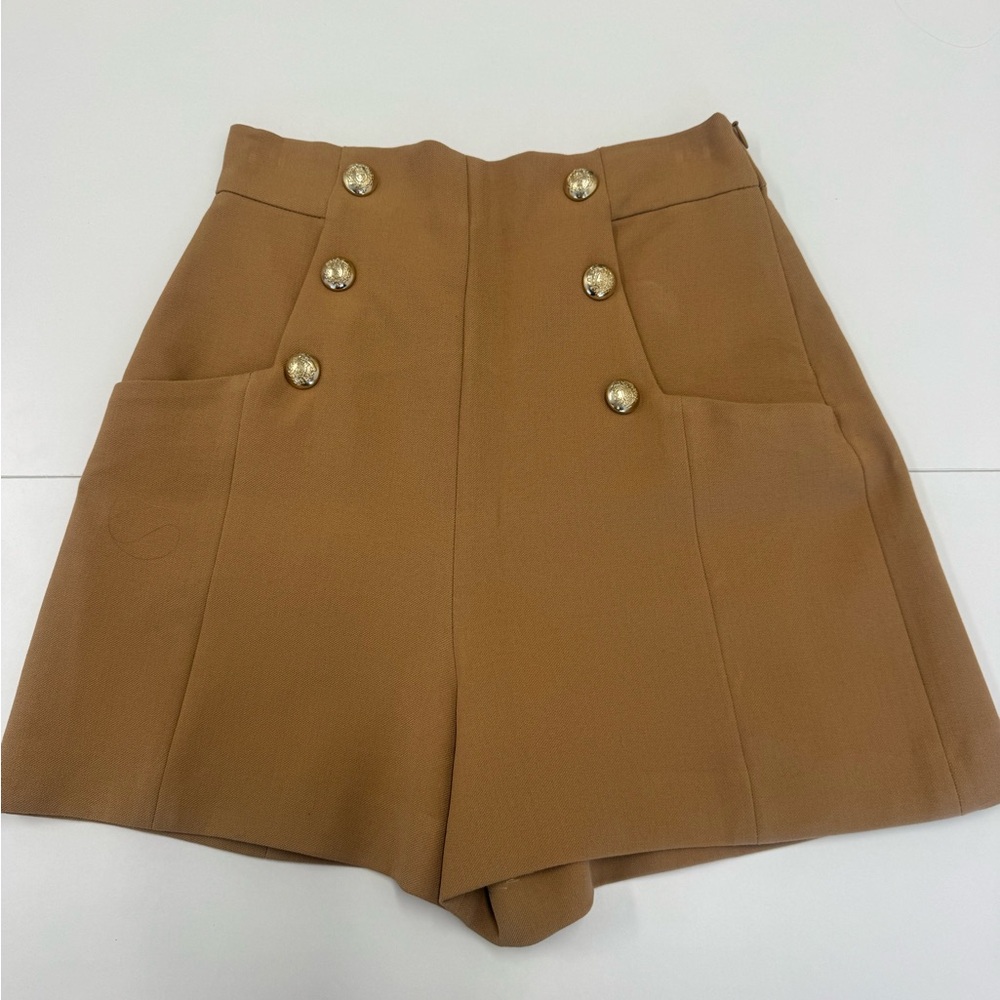 Zara Camel High-Waist Shorts with Gold Buttons